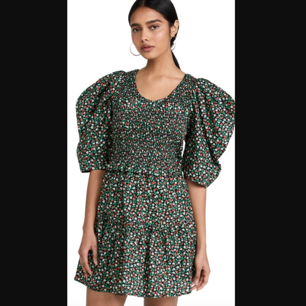 Sea NY Lilly Puff Sleeve Smocked Dress In Black In Multi